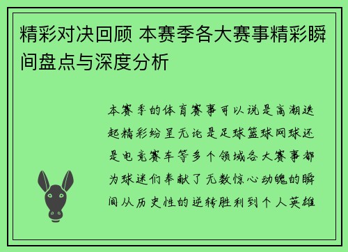 精彩对决回顾 本赛季各大赛事精彩瞬间盘点与深度分析